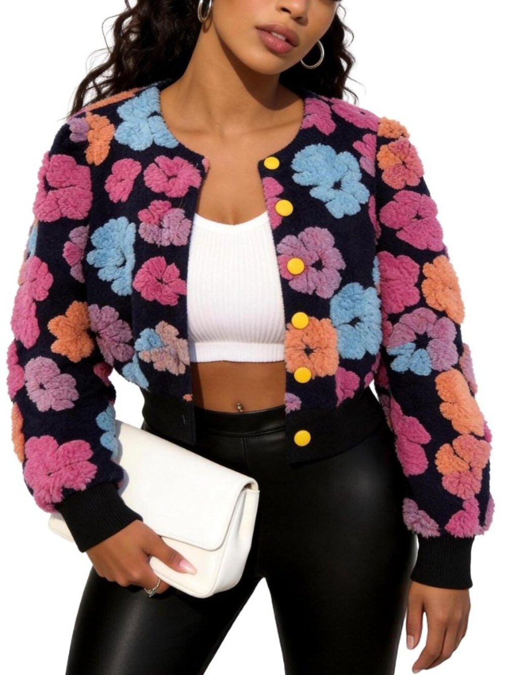 Women's Floral Bomber Jacket Warm Cropped Print Fleece Coat Outwear